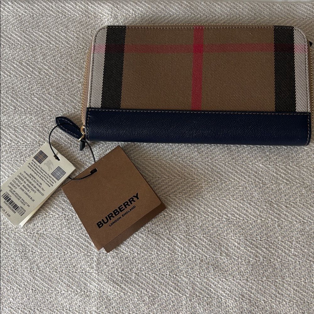 NWT Burberry Check Canvas & Leather Zip Around Wallet, Blue